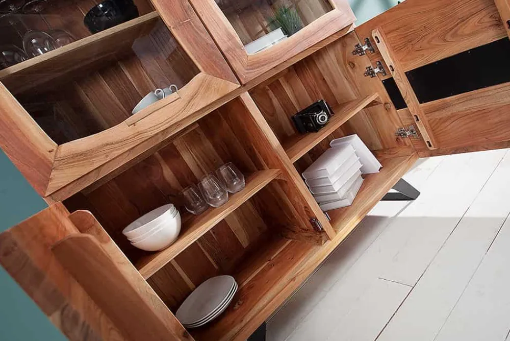Riess-Ambiente Highboards|Industrial Loft > Massives Highboard AMAZONAS 140cm Akazie Metall Vitrine Baumkante