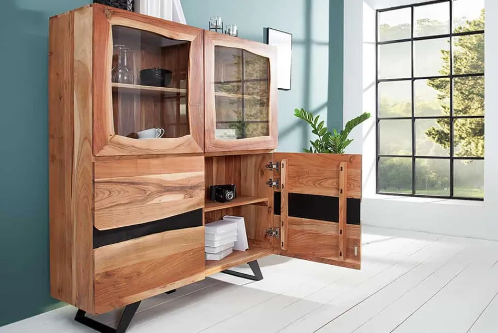 Riess-Ambiente Highboards|Industrial Loft > Massives Highboard AMAZONAS 140cm Akazie Metall Vitrine Baumkante