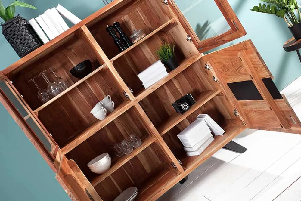Riess-Ambiente Highboards|Industrial Loft > Massives Highboard AMAZONAS 140cm Akazie Metall Vitrine Baumkante