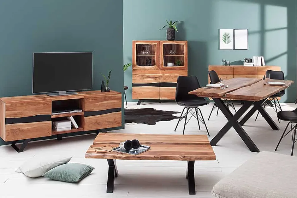 Riess-Ambiente Highboards|Industrial Loft > Massives Highboard AMAZONAS 140cm Akazie Metall Vitrine Baumkante