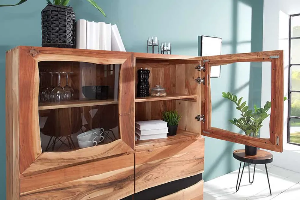 Riess-Ambiente Highboards|Industrial Loft > Massives Highboard AMAZONAS 140cm Akazie Metall Vitrine Baumkante