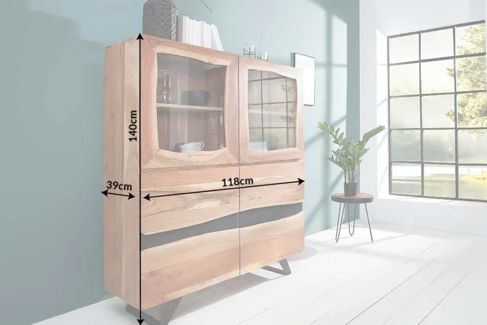 Riess-Ambiente Highboards|Industrial Loft > Massives Highboard AMAZONAS 140cm Akazie Metall Vitrine Baumkante