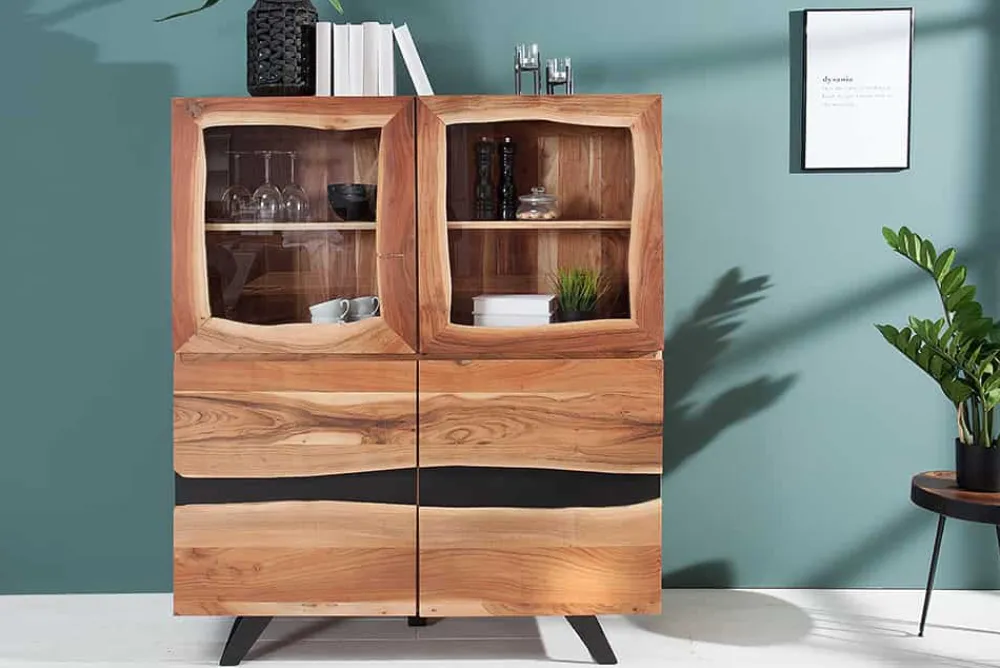 Riess-Ambiente Highboards|Industrial Loft > Massives Highboard AMAZONAS 140cm Akazie Metall Vitrine Baumkante