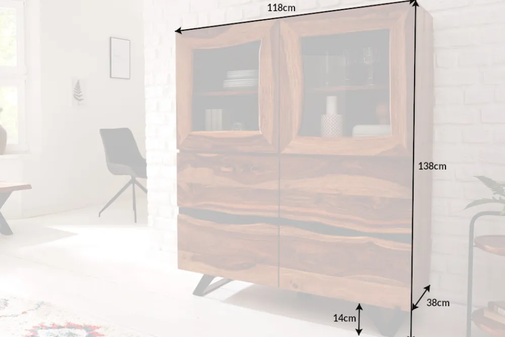 Riess-Ambiente Highboards|Industrial Loft > Massives Highboard AMAZONAS 140cm braun Sheeshamholz Vitrine mit Baumkante