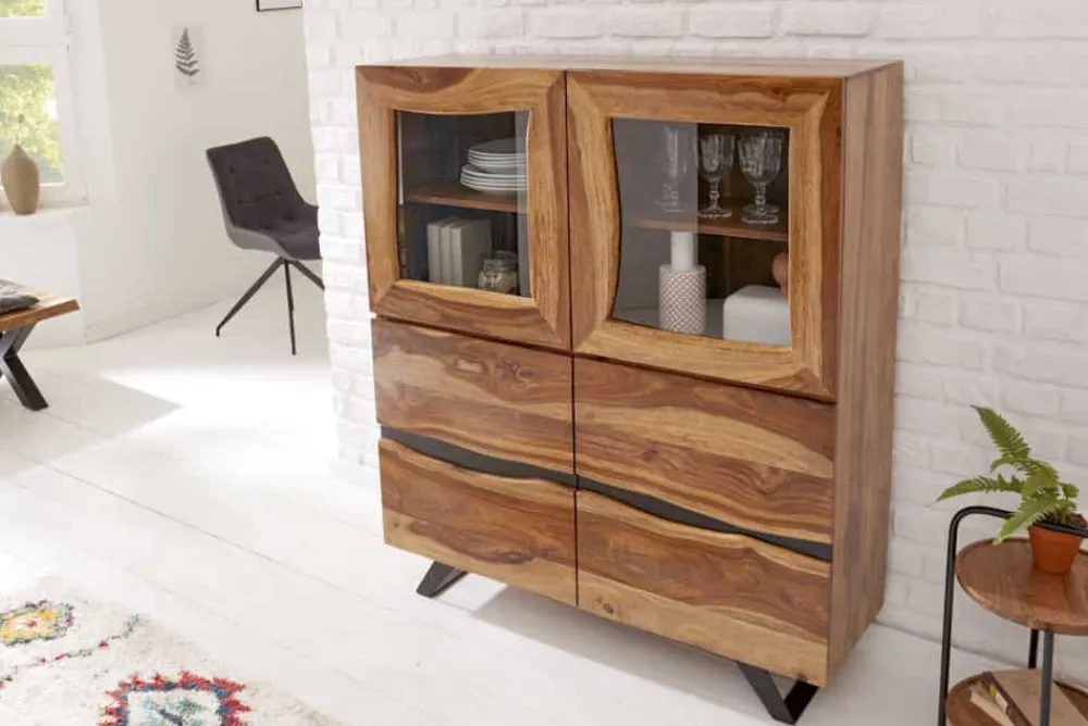 Riess-Ambiente Highboards|Industrial Loft > Massives Highboard AMAZONAS 140cm braun Sheeshamholz Vitrine mit Baumkante