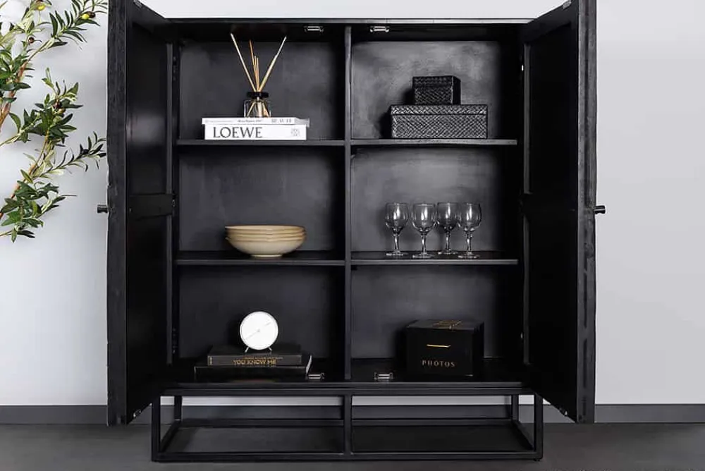 Riess-Ambiente Mehr...|Massivholzschränke > Massives Highboard BARRACUDA 120cm grau Mangoholz mit Teakholz-Front schwarz Metall
