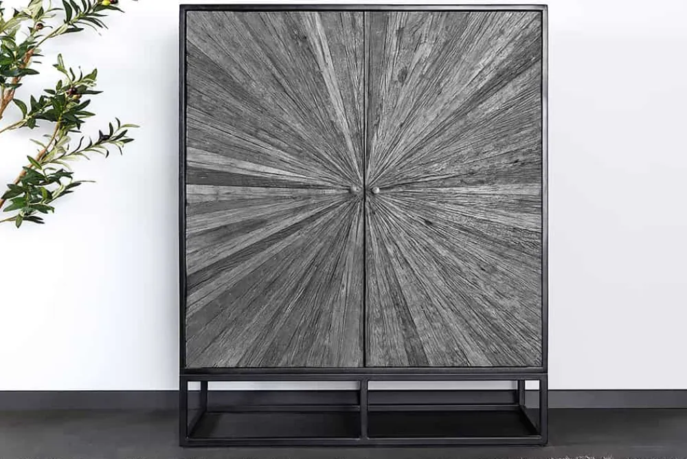 Riess-Ambiente Mehr...|Massivholzschränke > Massives Highboard BARRACUDA 120cm grau Mangoholz mit Teakholz-Front schwarz Metall