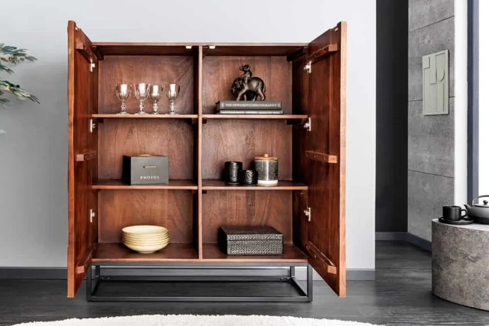 Riess-Ambiente Mehr...|Massivholzschränke > Massives Highboard DUNE 120cm walnuss-braun Akazienholz 3D-Design schwarz Metall