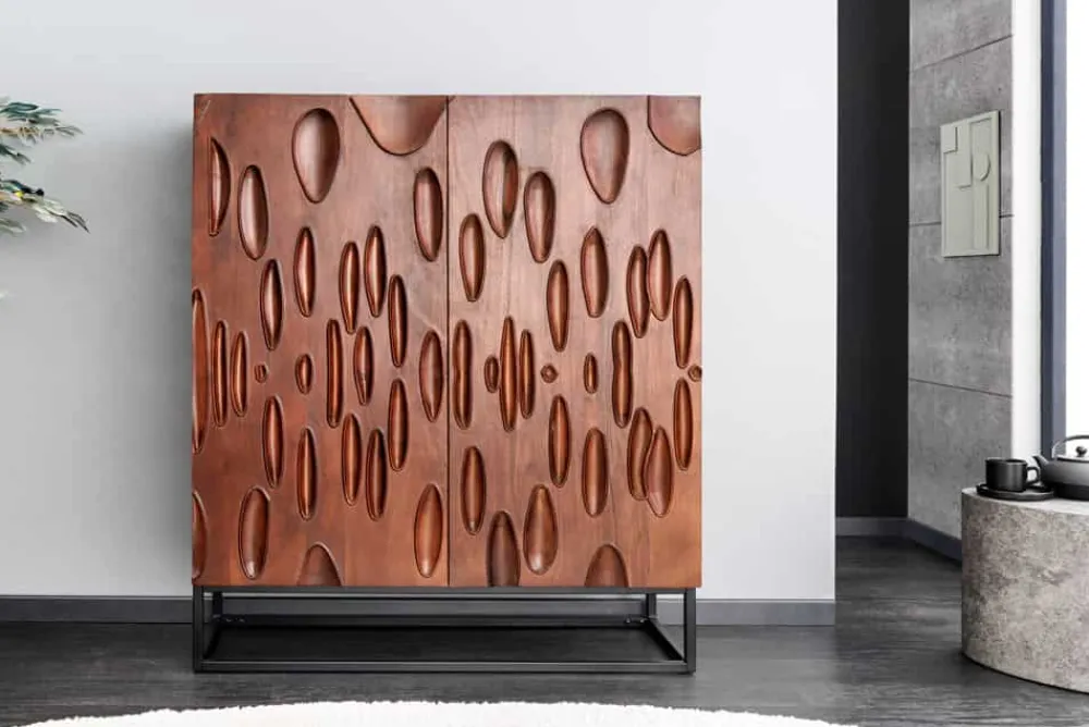 Riess-Ambiente Mehr...|Massivholzschränke > Massives Highboard DUNE 120cm walnuss-braun Akazienholz 3D-Design schwarz Metall