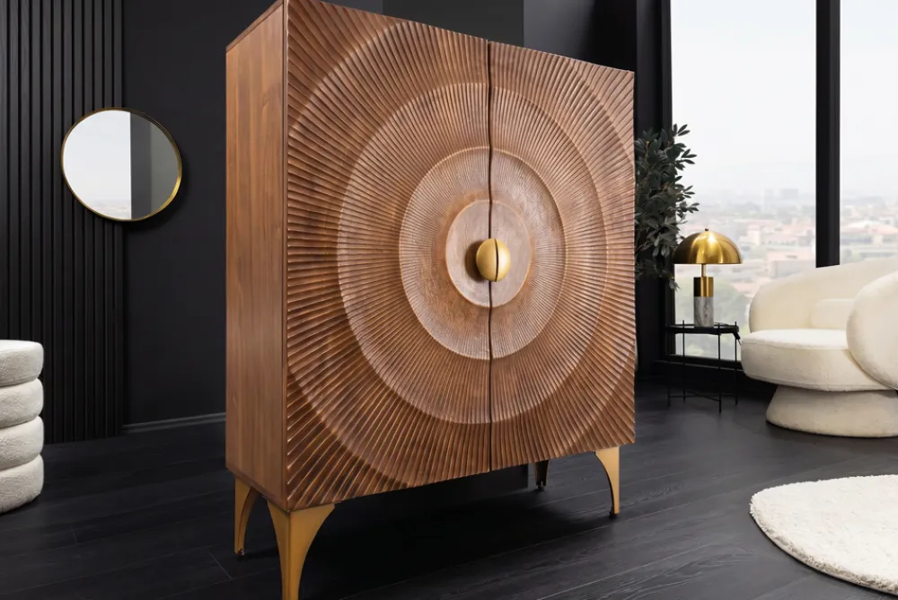 Riess-Ambiente Goldene Möbel|Highboards > Massives Highboard GOLDEN SUNSET 120cm braun gold Mangoholz mit 3D Schnitzereien