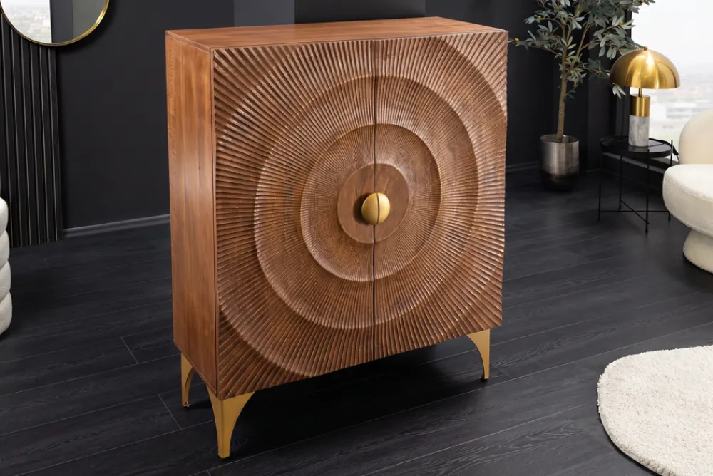 Riess-Ambiente Goldene Möbel|Highboards > Massives Highboard GOLDEN SUNSET 120cm braun gold Mangoholz mit 3D Schnitzereien
