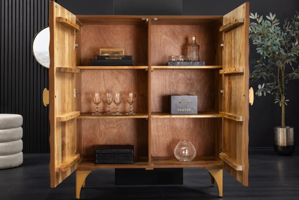 Riess-Ambiente Goldene Möbel|Highboards > Massives Highboard GOLDEN SUNSET 120cm braun gold Mangoholz mit 3D Schnitzereien