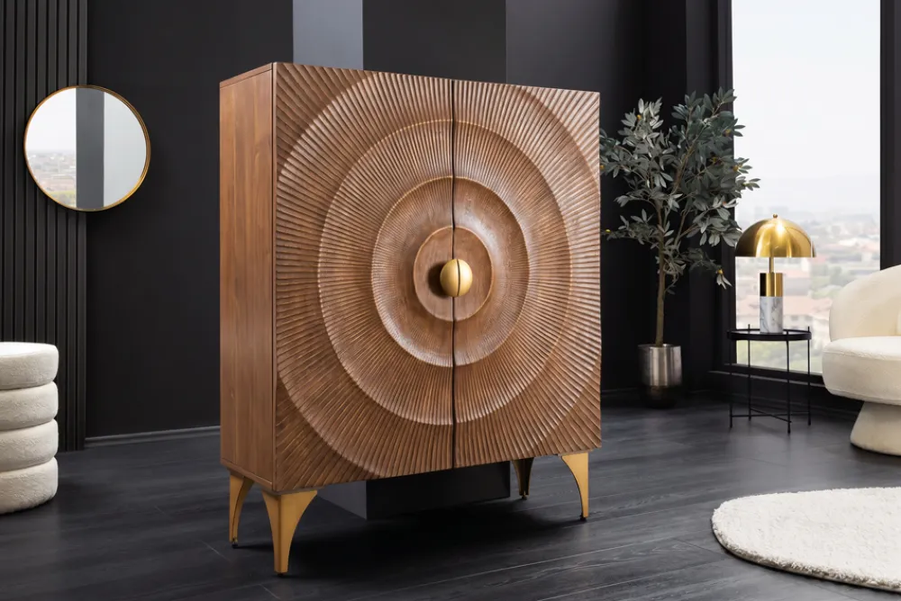 Riess-Ambiente Goldene Möbel|Highboards > Massives Highboard GOLDEN SUNSET 120cm braun gold Mangoholz mit 3D Schnitzereien
