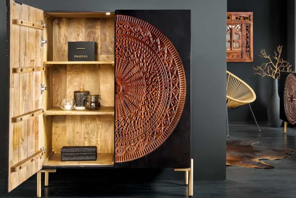 Riess-Ambiente Mehr...|Goldene Möbel > Massives Highboard MANDALA 120cm Mangoholz mit 3D Schnitzereien schwarz goldene Füße