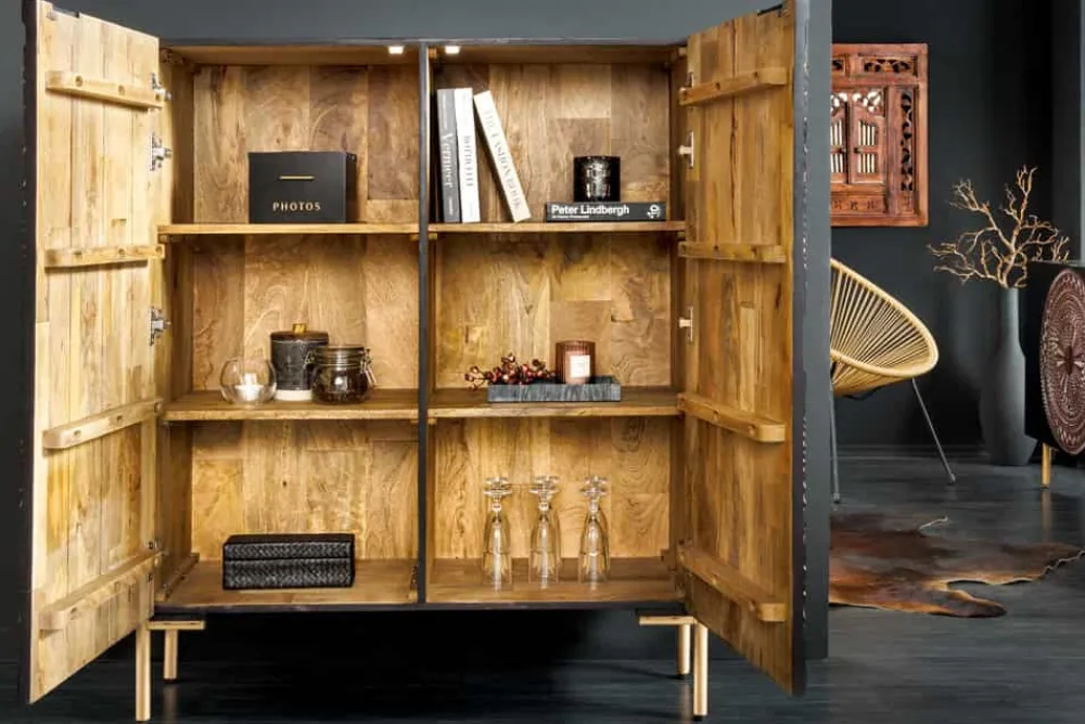 Riess-Ambiente Mehr...|Goldene Möbel > Massives Highboard MANDALA 120cm Mangoholz mit 3D Schnitzereien schwarz goldene Füße