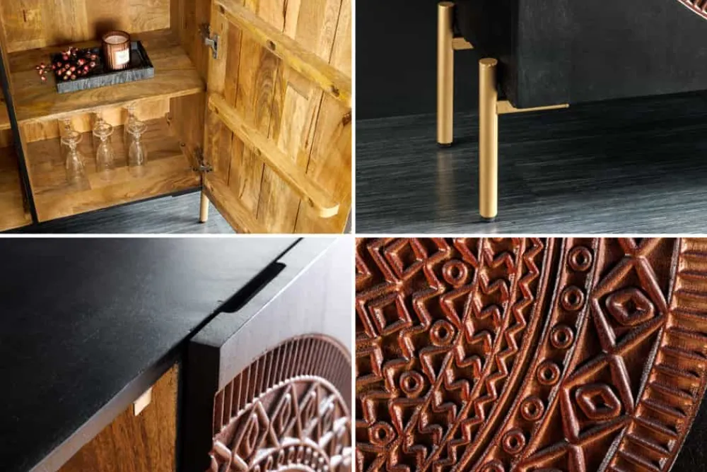 Riess-Ambiente Mehr...|Goldene Möbel > Massives Highboard MANDALA 120cm Mangoholz mit 3D Schnitzereien schwarz goldene Füße