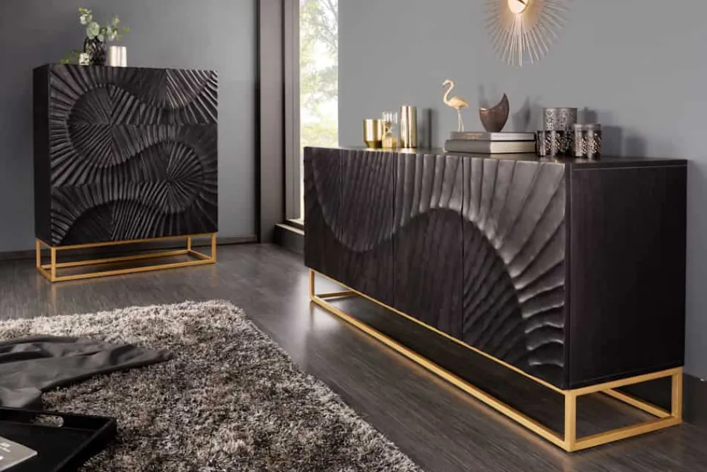 Riess-Ambiente Mehr...|Goldene Möbel > Massives Highboard SCORPION 120cm schwarz Mangoholz aufwendige 3D Schnitzereien