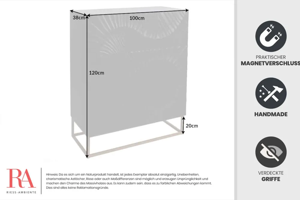 Riess-Ambiente Mehr...|Goldene Möbel > Massives Highboard SCORPION 120cm schwarz Mangoholz aufwendige 3D Schnitzereien
