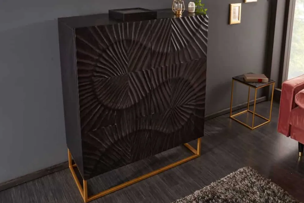 Riess-Ambiente Mehr...|Goldene Möbel > Massives Highboard SCORPION 120cm schwarz Mangoholz aufwendige 3D Schnitzereien