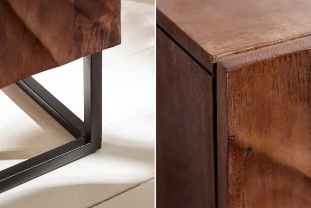 Riess-Ambiente Mehr...|Massivholzschränke > Massives Highboard SCORPION 120cm dunkelbraun Akazie mit 3D Schnitzereien schwarz Metall