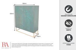 Riess-Ambiente Mehr...|Massivholzschränke > Massives Highboard SCORPION 120cm türkis Mangoholz mit 3D Schnitzereien gold Metall