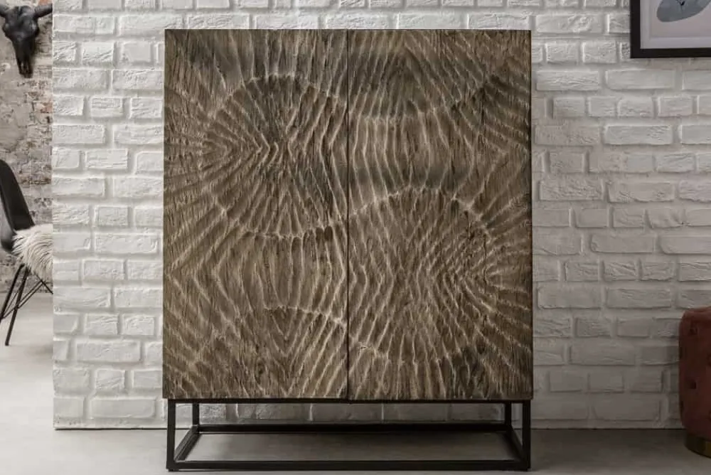 Riess-Ambiente Highboards|Industrial Loft > Massives Highboard SCORPION 120cm grau Akazie aufwendige 3D Schnitzereien