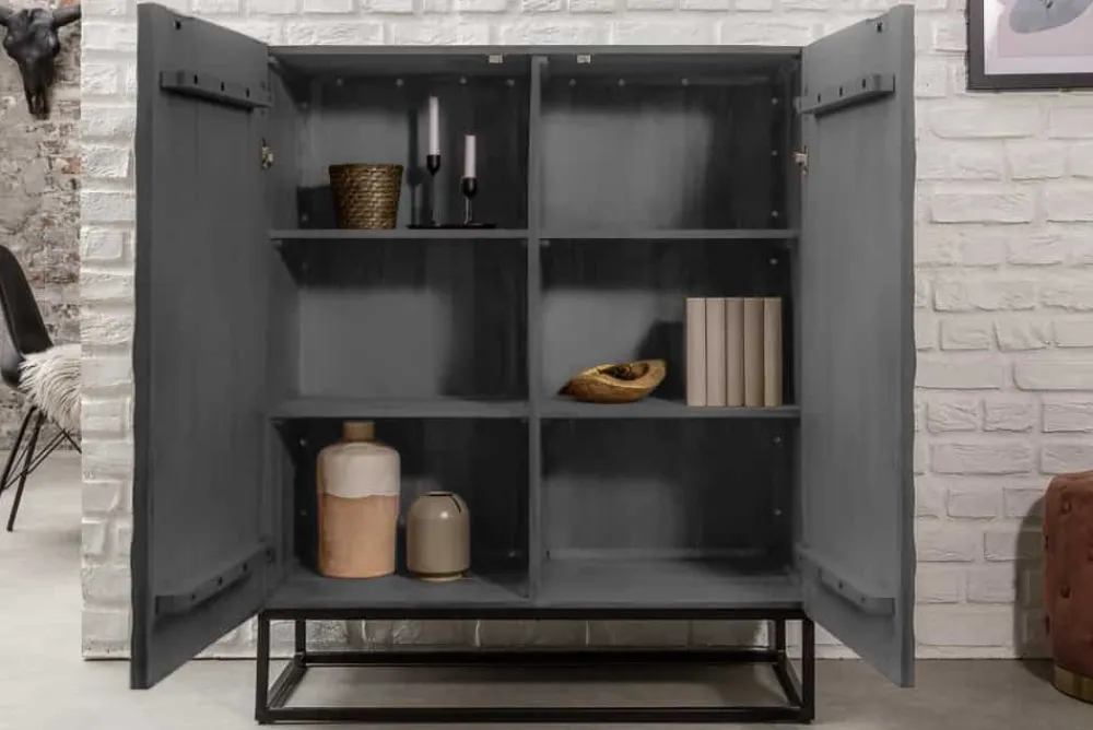 Riess-Ambiente Highboards|Industrial Loft > Massives Highboard SCORPION 120cm grau Akazie aufwendige 3D Schnitzereien