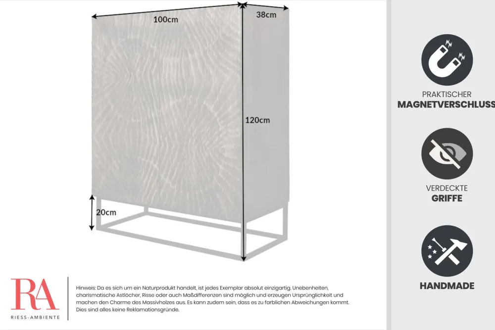 Riess-Ambiente Highboards|Industrial Loft > Massives Highboard SCORPION 120cm grau Akazie aufwendige 3D Schnitzereien