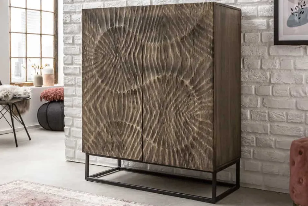 Riess-Ambiente Highboards|Industrial Loft > Massives Highboard SCORPION 120cm grau Akazie aufwendige 3D Schnitzereien