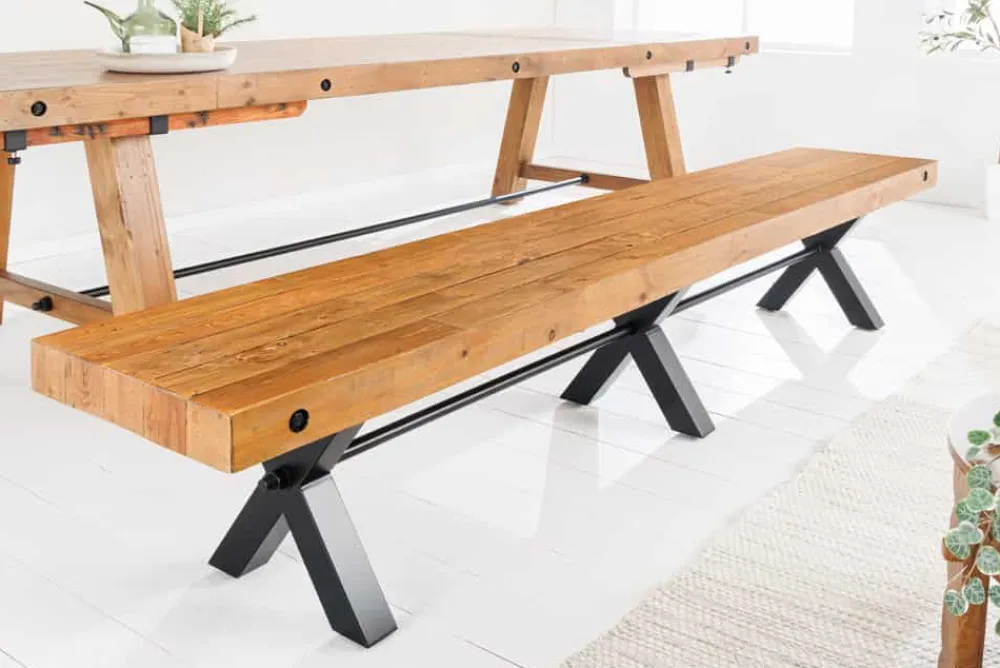 Riess-Ambiente Mehr...|Industrial Loft > Massive Sitzbank THOR 240cm vintage braun recyceltes Pinienholz schwarz Metall X-Gestell