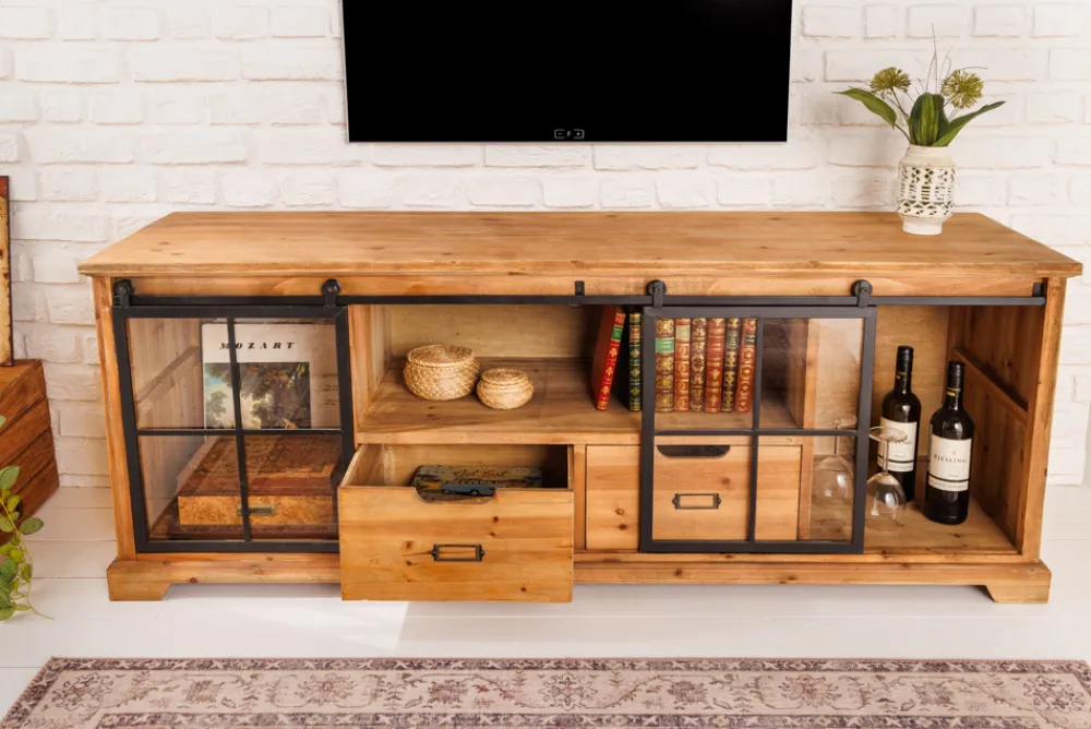 Riess-Ambiente Tv- & Lowboards|Industrial Loft > Massives Lowboard HERITAGE 160cm natur Pinie Industrial-Türen Metall Vitrine