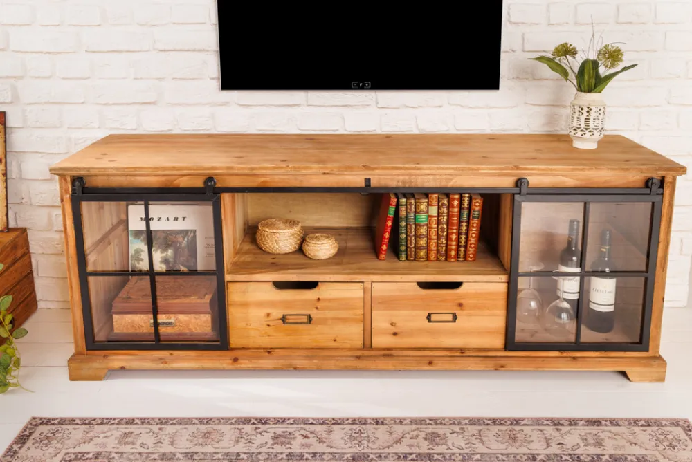 Riess-Ambiente Tv- & Lowboards|Industrial Loft > Massives Lowboard HERITAGE 160cm natur Pinie Industrial-Türen Metall Vitrine