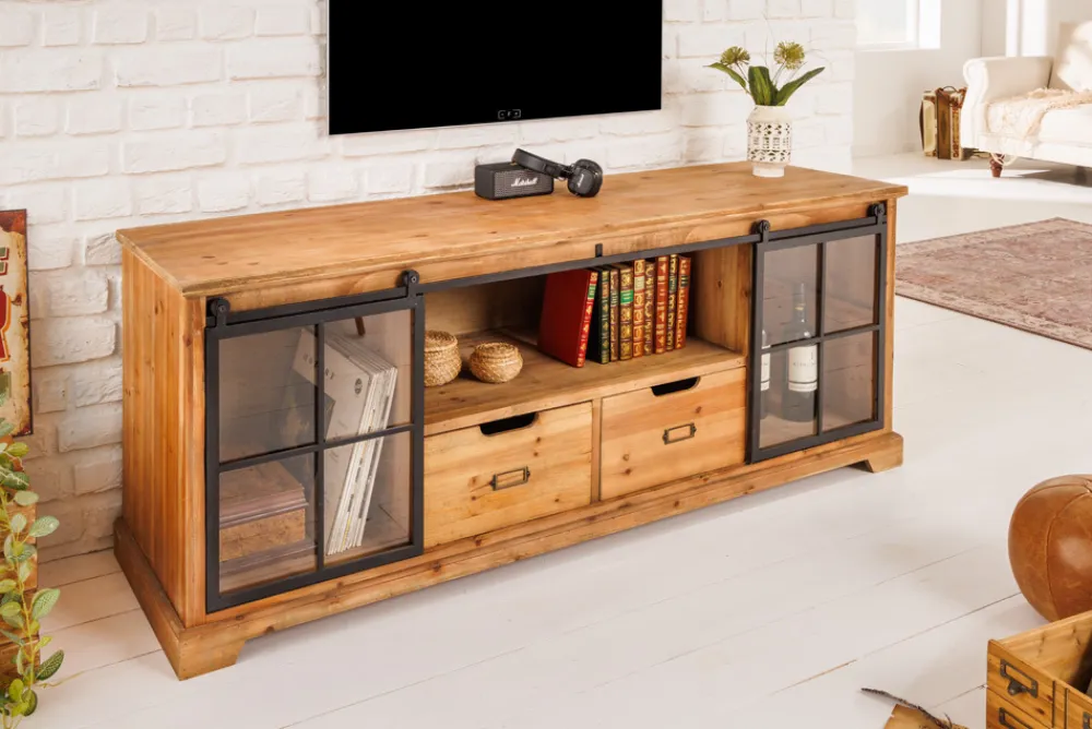 Riess-Ambiente Tv- & Lowboards|Industrial Loft > Massives Lowboard HERITAGE 160cm natur Pinie Industrial-Türen Metall Vitrine