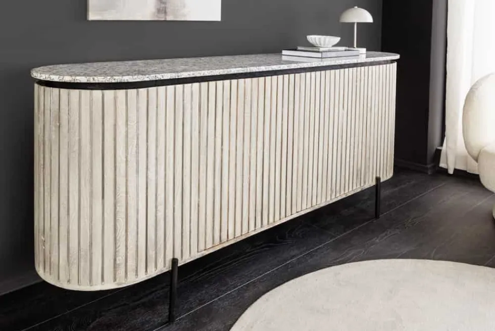 Riess-Ambiente Retro Möbel|Sideboards & Kommoden > Massives Sideboard ADLON 170cm grau gebürstet Mangoholz mit weißer Marmorplatte