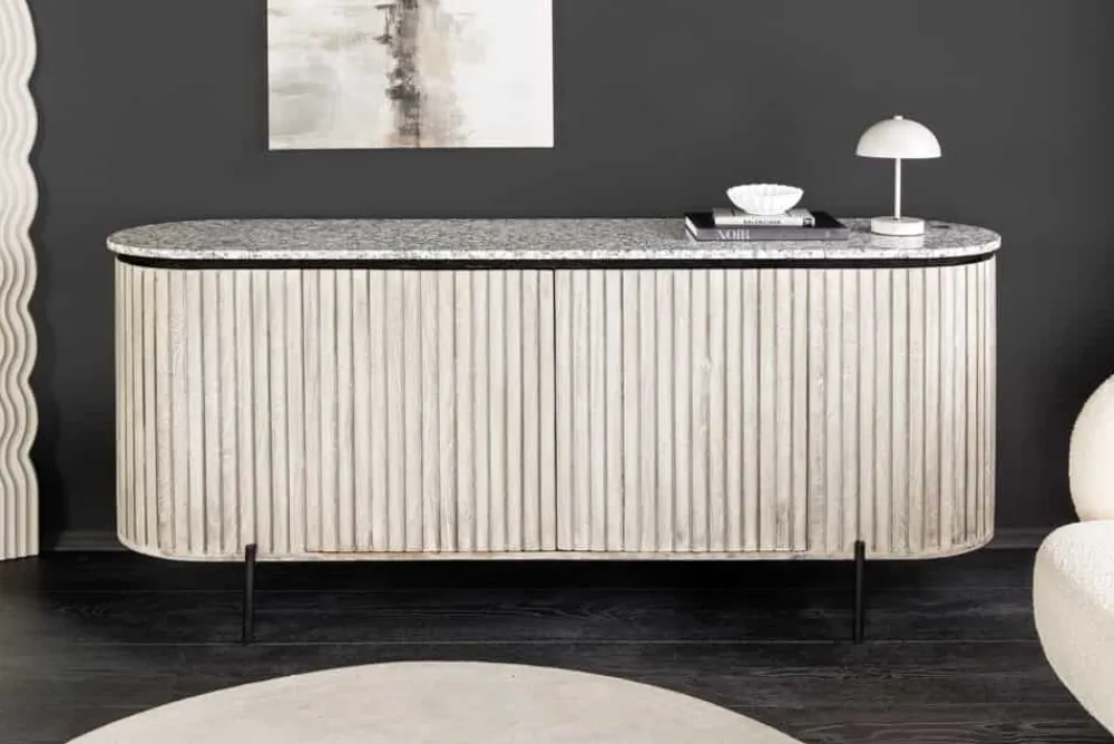 Riess-Ambiente Retro Möbel|Sideboards & Kommoden > Massives Sideboard ADLON 170cm grau gebürstet Mangoholz mit weißer Marmorplatte