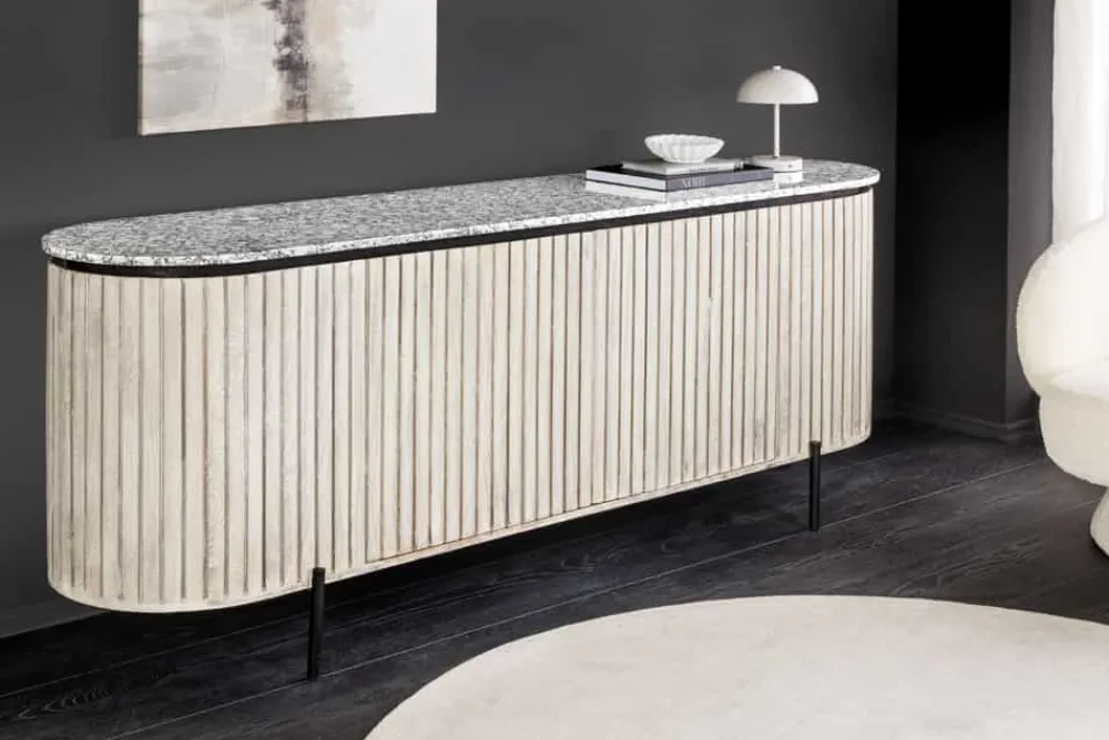 Riess-Ambiente Retro Möbel|Sideboards & Kommoden > Massives Sideboard ADLON 170cm grau gebürstet Mangoholz mit weißer Marmorplatte