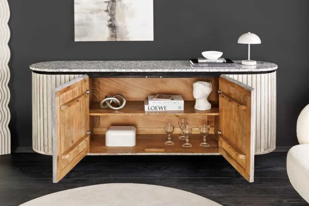 Riess-Ambiente Retro Möbel|Sideboards & Kommoden > Massives Sideboard ADLON 170cm grau gebürstet Mangoholz mit weißer Marmorplatte