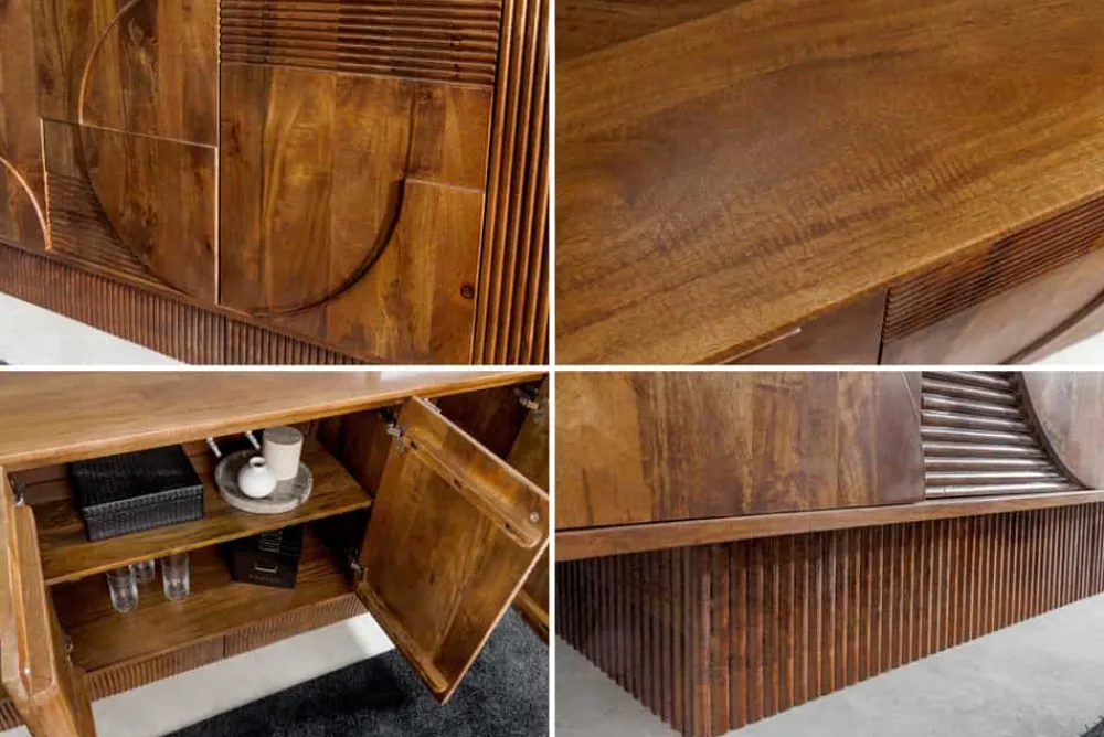 Riess-Ambiente Retro Möbel|Sideboards & Kommoden > Massives Sideboard ART DECO 170cm braun smoke Mangoholz 3D-Front