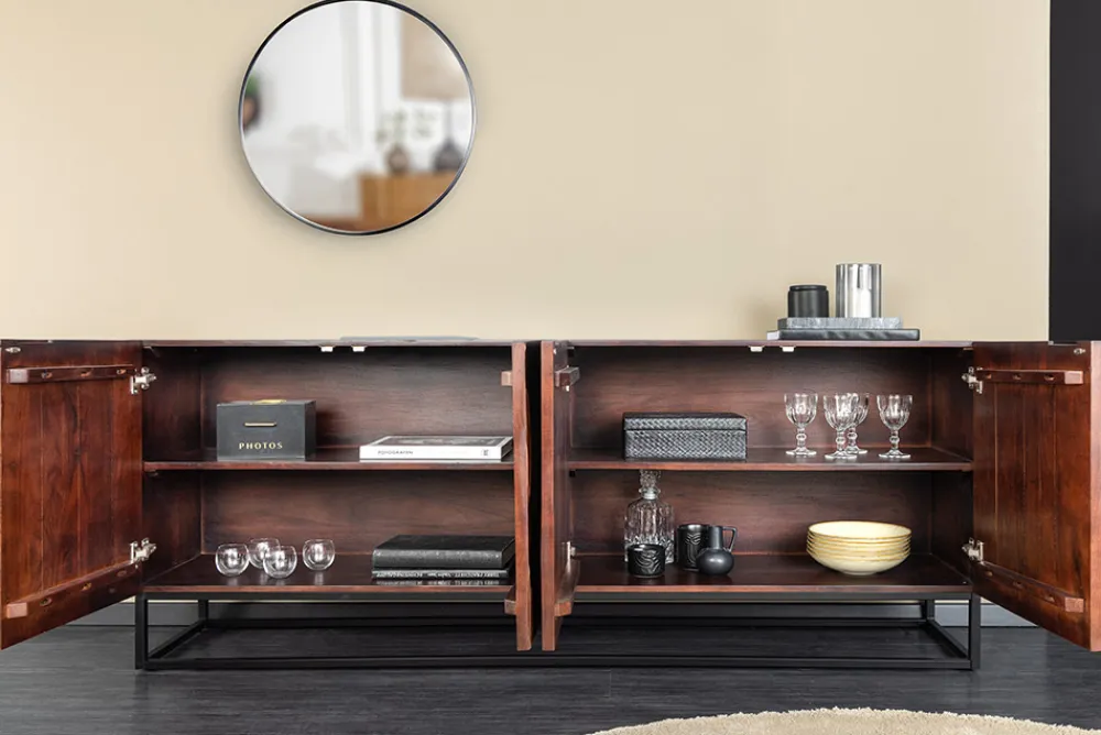 Riess-Ambiente Retro Möbel|Sideboards & Kommoden > Massives Sideboard DUNE 175cm walnuss-braun Akazienholz 3D-Design schwarz Metall