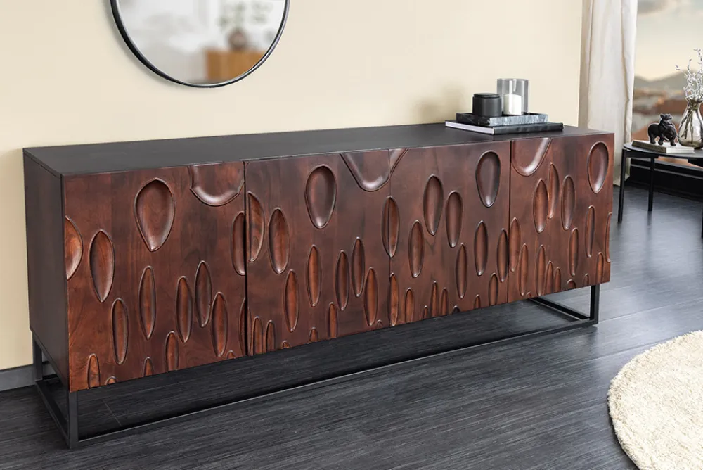Riess-Ambiente Retro Möbel|Sideboards & Kommoden > Massives Sideboard DUNE 175cm walnuss-braun Akazienholz 3D-Design schwarz Metall