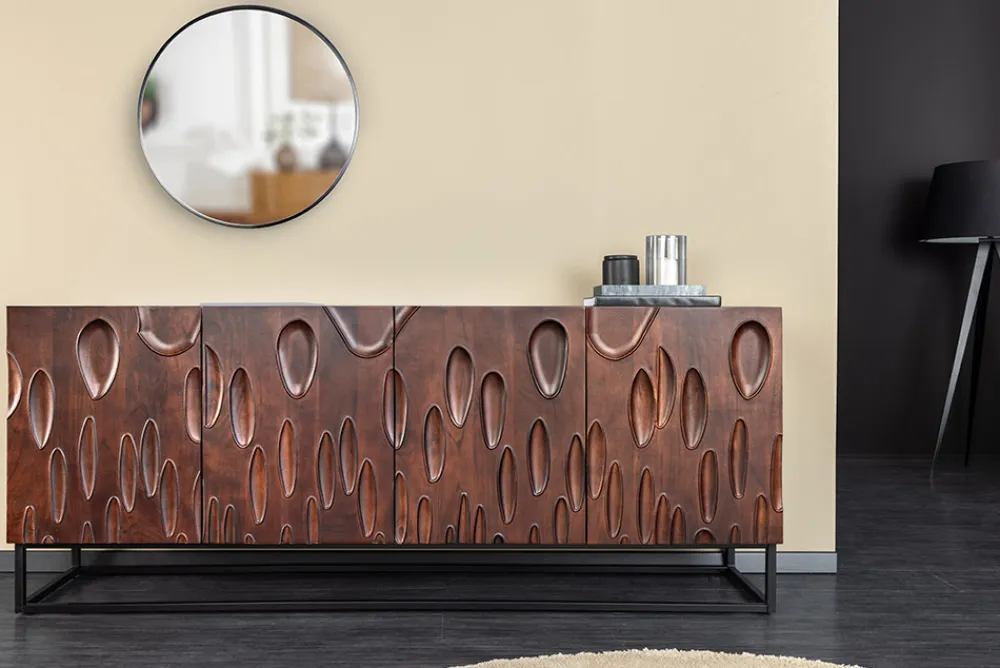 Riess-Ambiente Retro Möbel|Sideboards & Kommoden > Massives Sideboard DUNE 175cm walnuss-braun Akazienholz 3D-Design schwarz Metall