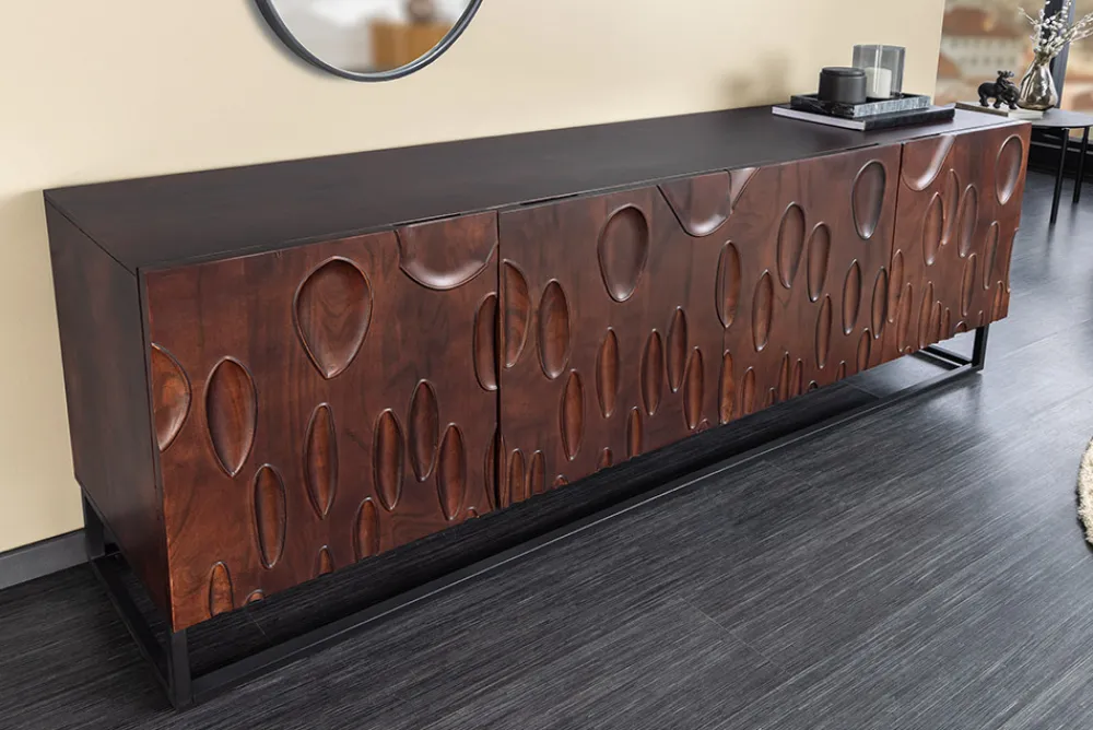 Riess-Ambiente Retro Möbel|Sideboards & Kommoden > Massives Sideboard DUNE 175cm walnuss-braun Akazienholz 3D-Design schwarz Metall