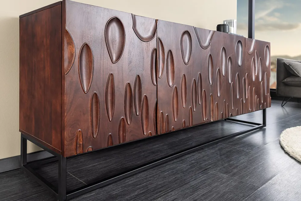 Riess-Ambiente Retro Möbel|Sideboards & Kommoden > Massives Sideboard DUNE 175cm walnuss-braun Akazienholz 3D-Design schwarz Metall