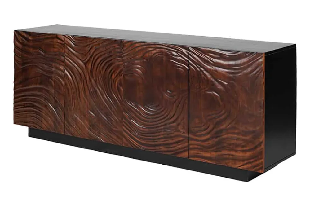 Riess-Ambiente Retro Möbel|Sideboards & Kommoden > Massives Sideboard FLUID 175cm walnuss-braun Akazienholz 3D-Design schwarzer Sockelfuß