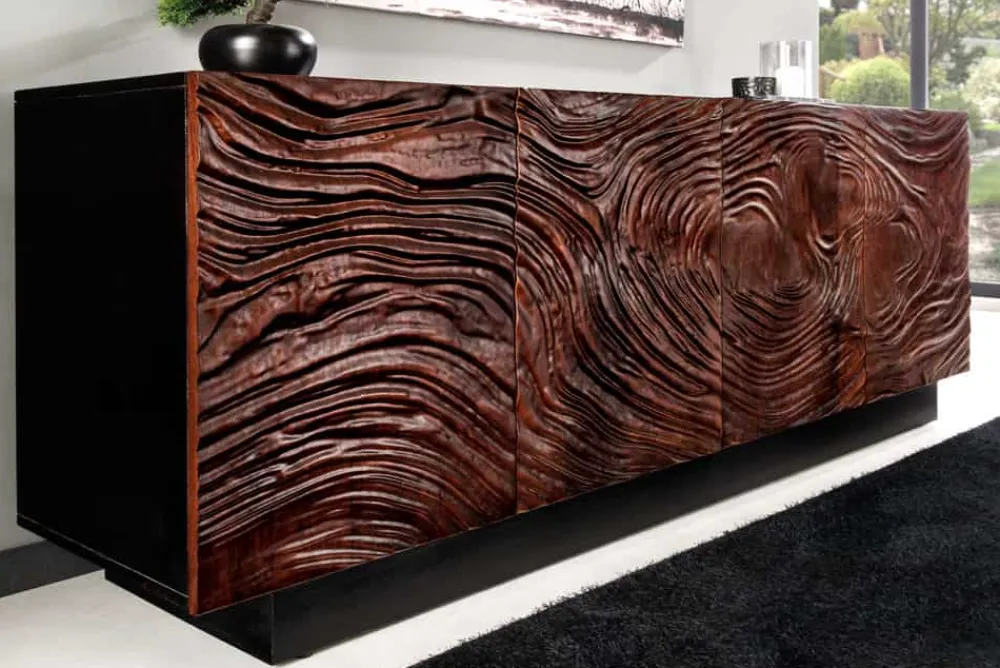 Riess-Ambiente Retro Möbel|Sideboards & Kommoden > Massives Sideboard FLUID 175cm walnuss-braun Akazienholz 3D-Design schwarzer Sockelfuß