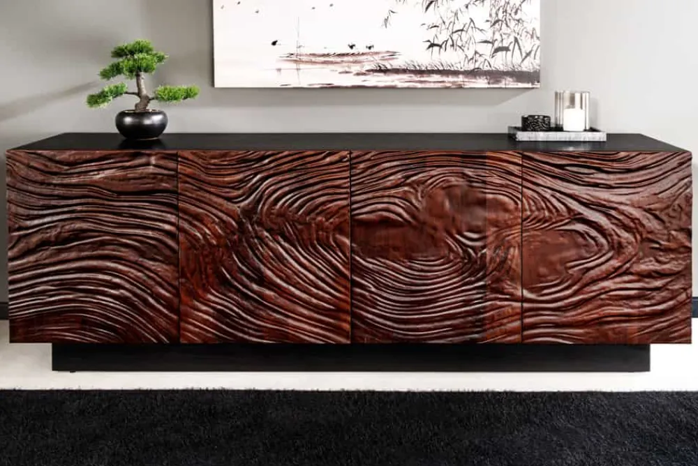 Riess-Ambiente Retro Möbel|Sideboards & Kommoden > Massives Sideboard FLUID 175cm walnuss-braun Akazienholz 3D-Design schwarzer Sockelfuß