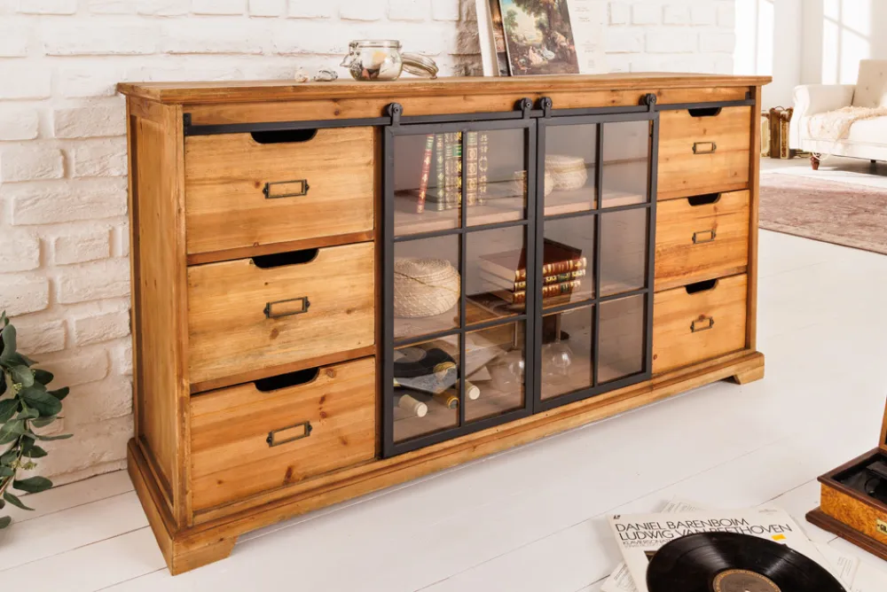 Riess-Ambiente Industrial Loft|Barschränke > Massives Sideboard HERITAGE 150cm natur Pinienholz Industrial-Türen Metall Vitrine