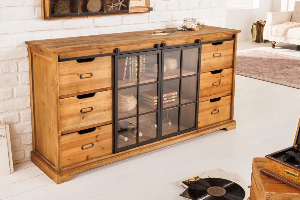 Riess-Ambiente Industrial Loft|Barschränke > Massives Sideboard HERITAGE 150cm natur Pinienholz Industrial-Türen Metall Vitrine