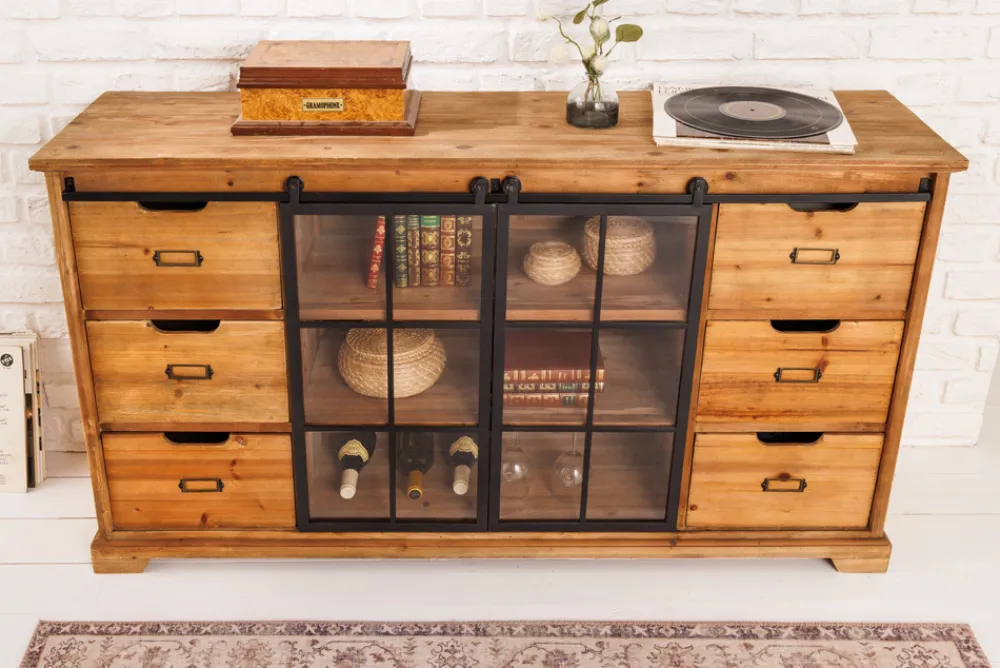 Riess-Ambiente Industrial Loft|Barschränke > Massives Sideboard HERITAGE 150cm natur Pinienholz Industrial-Türen Metall Vitrine
