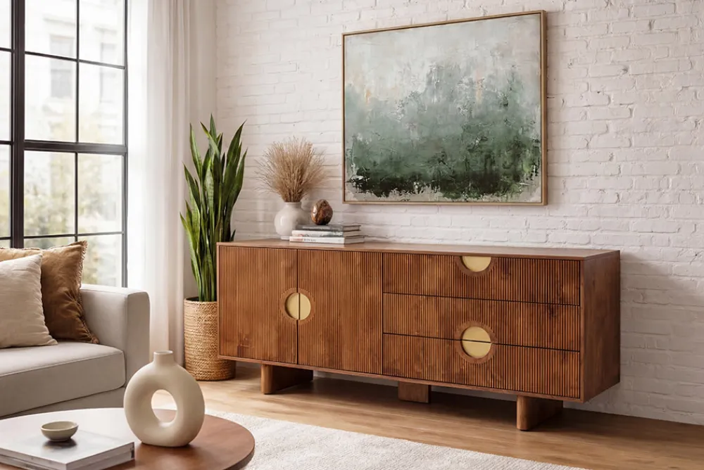 Riess-Ambiente Retro Möbel|Sideboards & Kommoden > Massives Sideboard MADISON 180cm braun Mangoholz mit Schubladen und strukturierter Front